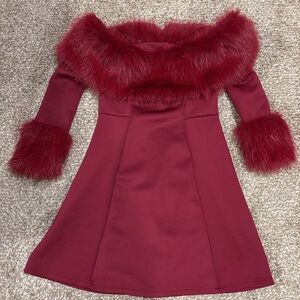 Burgundy Off Shoulder Faux Fur Trim Holiday Party Dress NWOT